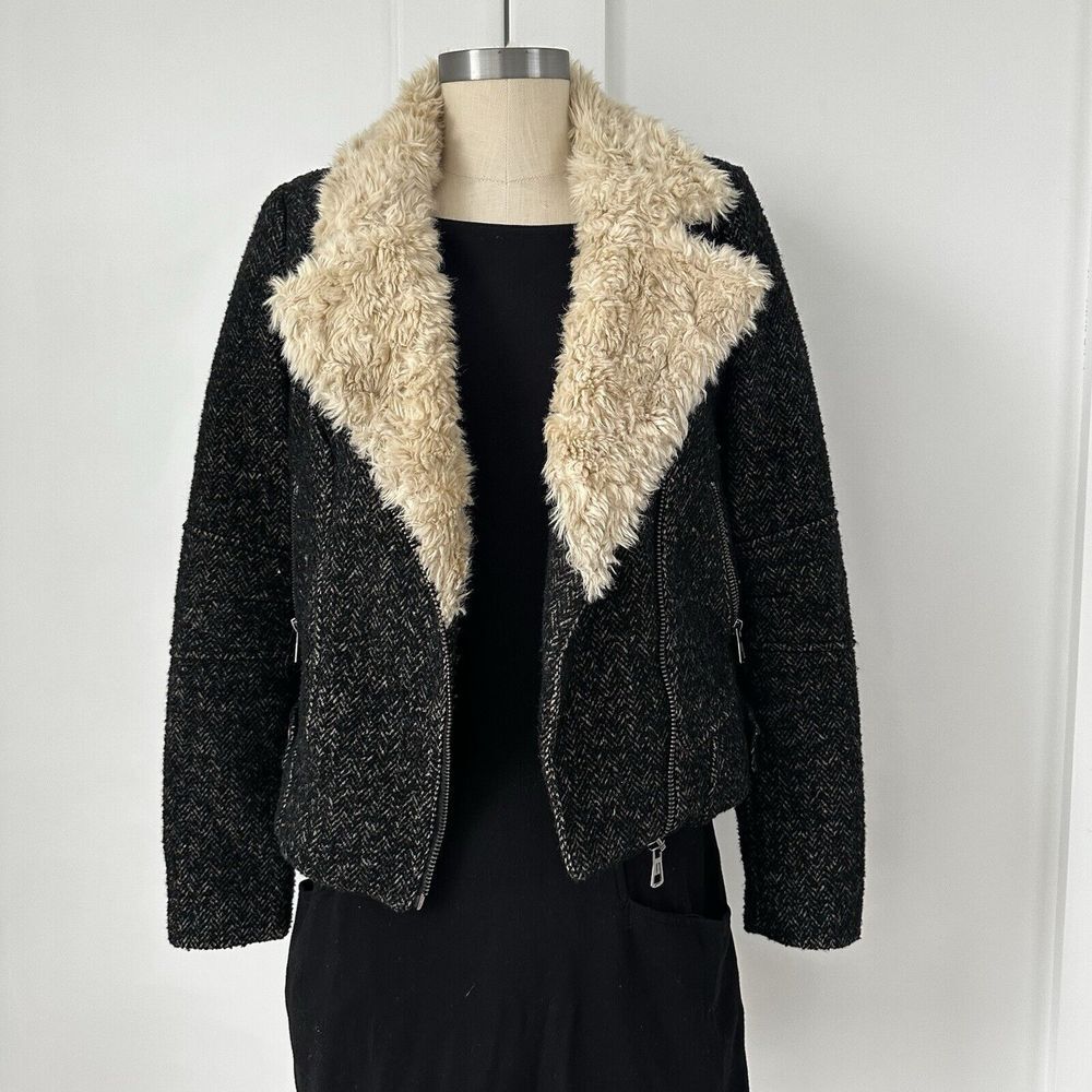 Zara Trafaluc Side Zip Shearling Wool Herringbone Tweed Moto Jacket Womens XS - Picture 3 of 10